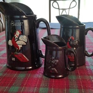 Vintage ROOSTER PITCHER Redware, Brown Luster 1950s Antique/ Retro 3 Piece Set
